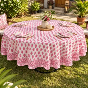 Baby pink floral round table cloth hand block printed