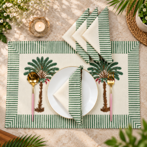 Hand Block Printed Cotton Placemat & Napkin Set: Jaipur Palm Tree Design