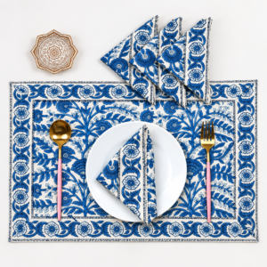 Hand Block Printed Placemats and Napkins: Cobalt Blue Floral Cotton Set