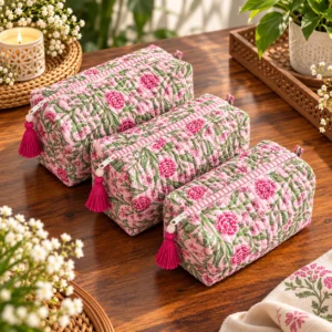 Handblock Printed Quilted Cosmetic Pouch Set: Pink Toiletry Bags, Travel Organizers