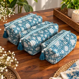 Handblock Printed Quilted Cosmetic Pouch Set: Sea Green Travel Bags