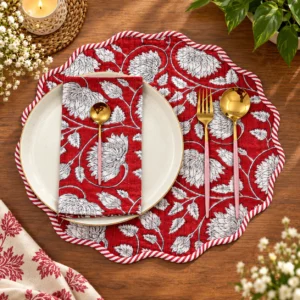 Handcrafted Red Floral Quilted Placemat & Napkin Set: Cotton Dining Decor