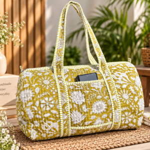 Handmade Limerick Green Floral Quilted Duffle Bag: Cotton Travel Gym Bag with name on the bag