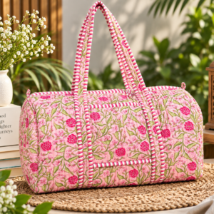 Large Rose pink Cotton Quilted Duffle Bags Block print Gifts Handmade Colorful Travel night Travel Gym Yoga Luggage pocket 18x9x9 inches