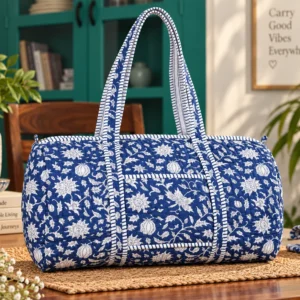 Large royal blue Cotton Quilted Duffle Bags Block print Gifts Handmade Colorful Travel night Travel Gym Yoga Luggage pocket 18x9x9 inches