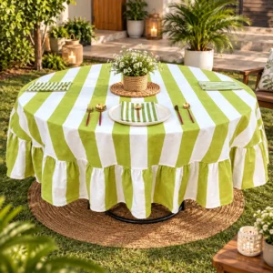 Light Green Stripe Table Cloth for Round Table hand block printed | christmas gift | wedding table deor