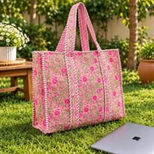 Multicolor Quilted Cotton Tote Bag: Handblock Print, Travel Friendly