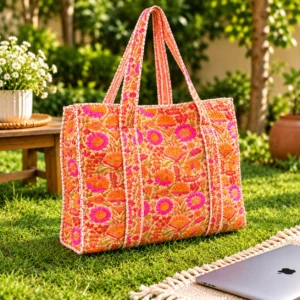 Multicolor Quilted Cotton Tote Bag: Handblock Print, Travel Friendly