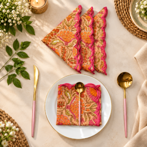 Orange Hand Block Printed Napkins: Embroidered Scallop Edge, Sustainable Cotton