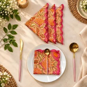 Orange Hand Block Printed Napkins: Embroidered Scallop Edge, Sustainable Cotton