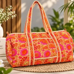 Large Orange pink Cotton Quilted Duffle Bags Block print Gifts Handmade Colorful Travel night Travel Gym Yoga Luggage pocket 18x9x9 inches