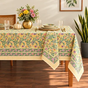 green and yellow hand block printed table cloth for events and home decor