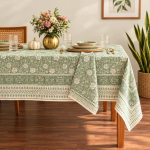 sage green hand block printed table cloth for events